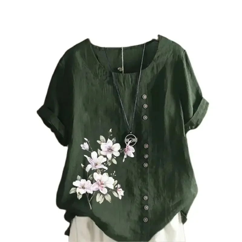 Elegant Comfortable Cotton Linen T-Shirt Women New Single-breasted Splicing Decoration Tops Female Casual Flower Print Tees 2024
Elegant Comfortable Cotton Linen T-Shirt Women New Single-breasted Splicing Decoration Tops Female Casual Flower Print Tees 2024