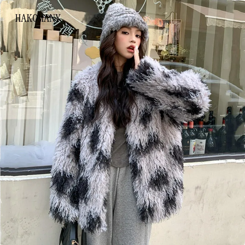

2023 Winter Gray Tie-dye Leopard Curly Hairy Sheep Faux Fur Coat Long Sleeve Loose Warm Shaggy Jacket Loose Outerwear
