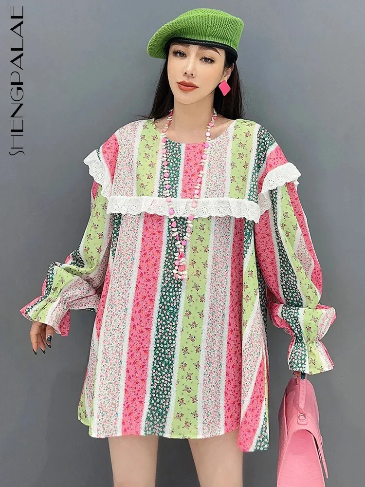 

Женская Полосатая Рубашка SHENGPALAE, Повседневная Свободная блузка с разноцветными кружевными вставками и расширяющимся книзу рукавом, новинка весны 2024, женские топы 5R9426