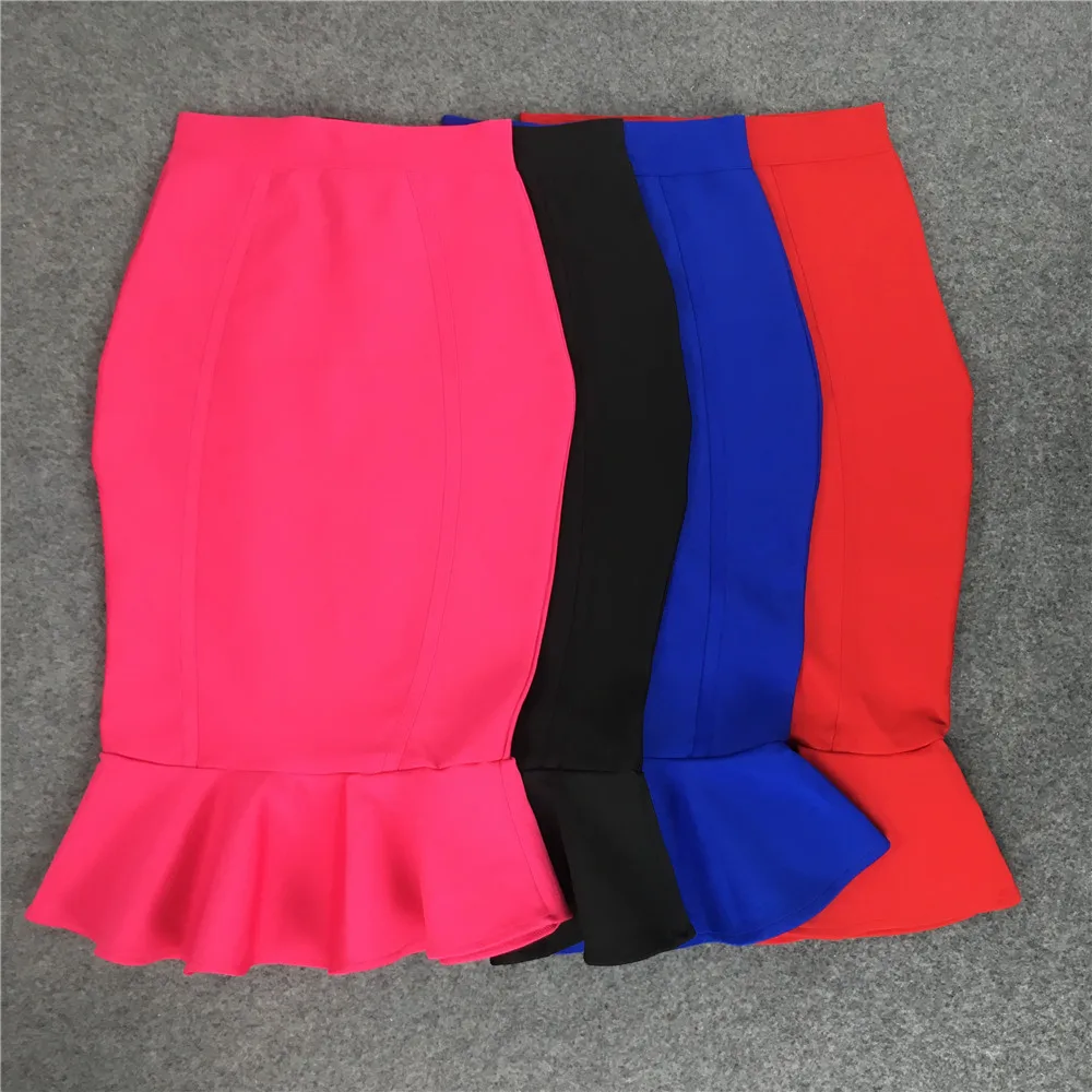 

6 Colors 71cm Trendyol Women Elegant Knee Length Ruffles Bandage Skirts Top Quality High Waist Office Lady Daily Pencil Skirt