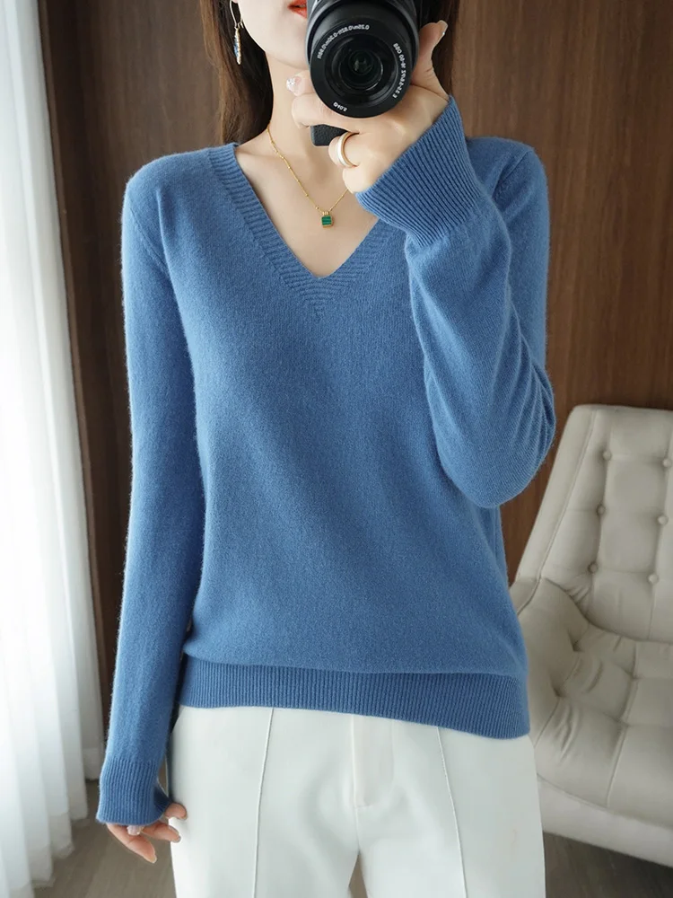 

New Arrivals Wool Women's Sweater Solid Long Sleeve V-Neck Pullovers High Elasticity Slim Fitting Knitted Jumper New In Knitwear