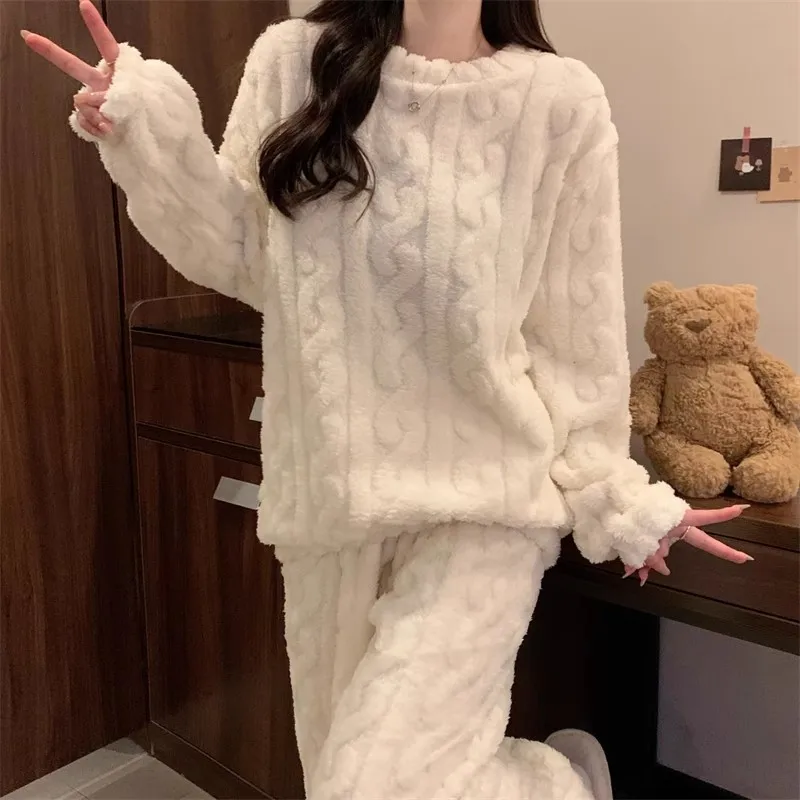 Thickened Warm Sleepwear for Winter Women Flannel Suit Student Pajamas Homewear Tops and Pants Striped Nightwear Loungewear Thickened Warm Sleepwear for Winter Women Flannel Suit Student Pajamas Homewear Tops and Pants Striped Nightwear Loungewear