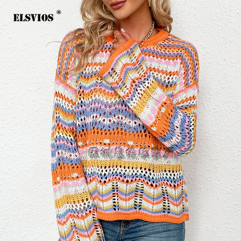 

Casual Hot Selling Fashion Spliced Knitted Sweater 2024 Spring New Loose Round Neck Stripe Design Style Long Sleeved Knitted Top