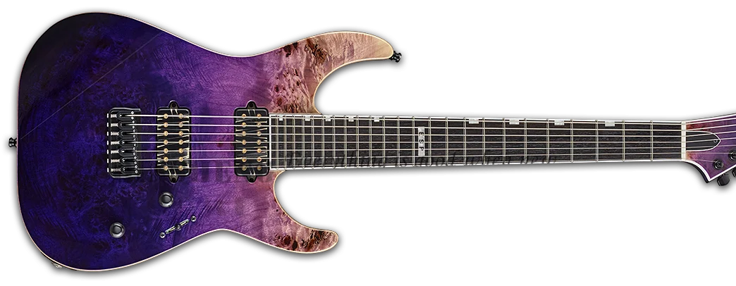 

7 string electric guitar purple guitar mahogany body，maple neck，burled maple top，ebony fingerboard，bone nut 48mm，24 fets