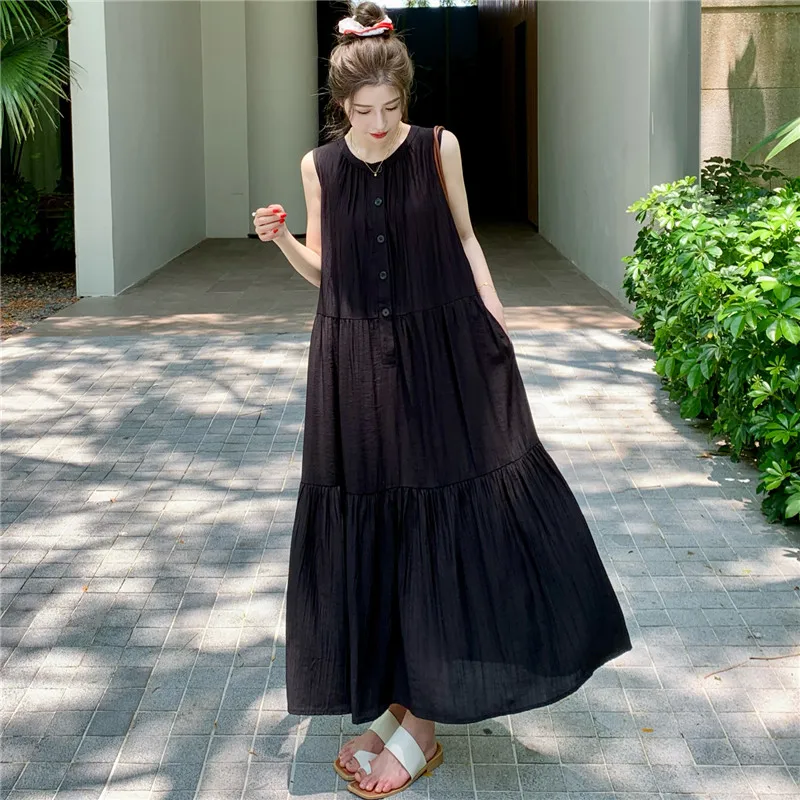 

European American Hepburn Style Patchwork Sleeveless Loose Summer Tank Dress Street Fashion Women Travel Casual Long Dresses