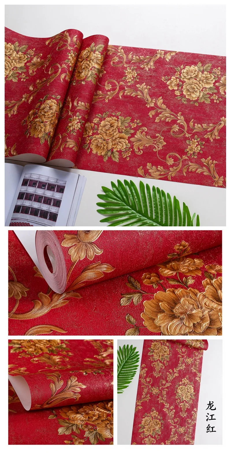 Generic Luxury Red Damask Wllpaper Retro 3D Stereo European Floral Wallpaper Damascus Bedroom