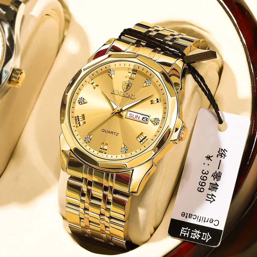 

BINBOND Luxury Man Wristwatch Top Brand Waterproof Luminous Date Week Men Watches Stainless Steel Quartz Men's Watch Male reloj