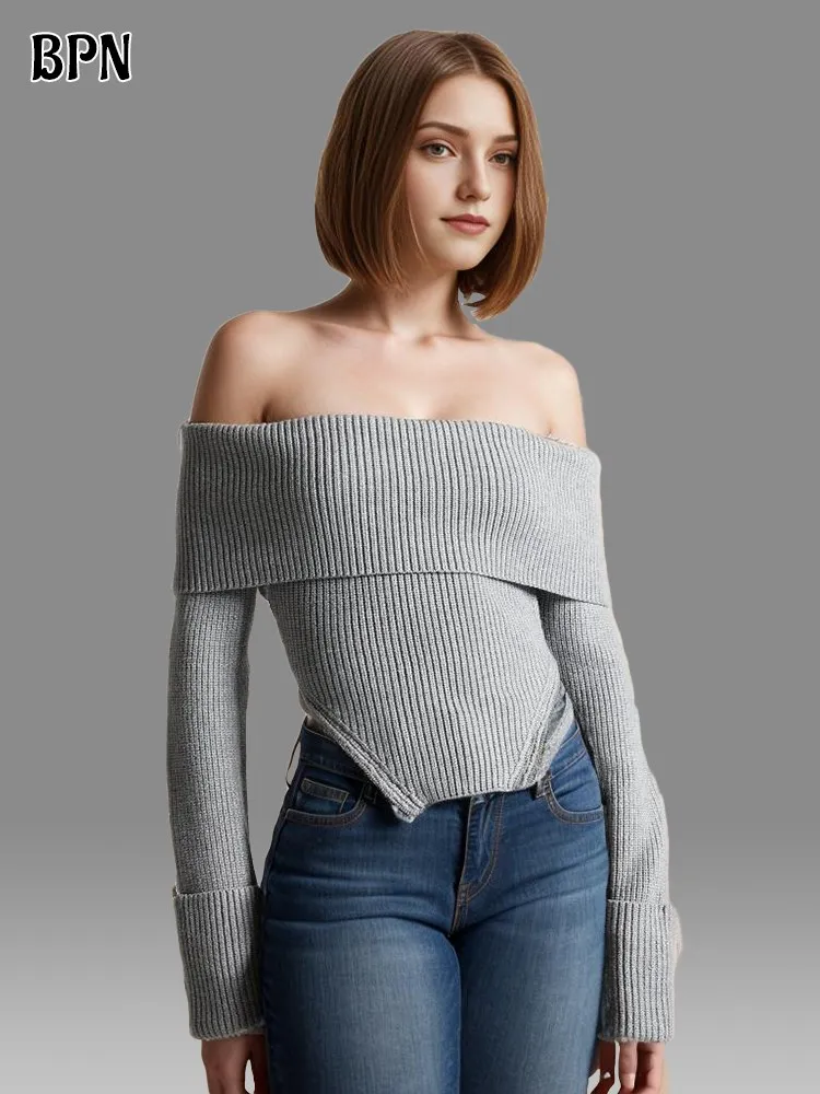 BPN Minimalist Knitting Sweater For Women Slash Neck Long Sleeve Off Shoulder Soild Slim Elegant Pullover Sweaters Female Style
BPN Minimalist Knitting Sweater For Women Slash Neck Long Sleeve Off Shoulder Soild Slim Elegant Pullover Sweaters Female Style
