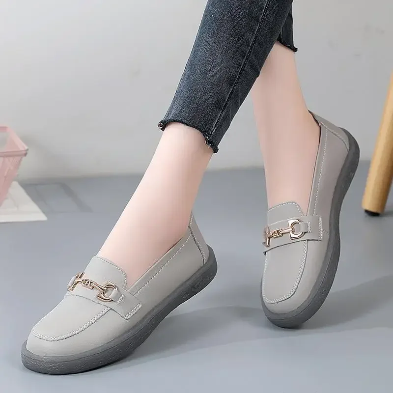 

Genuine Leather Soft Bottom Fashion Shoes Women's 2024 Spring and Autumn New Versatile Moccasins Chunky Heel Flat Loafers