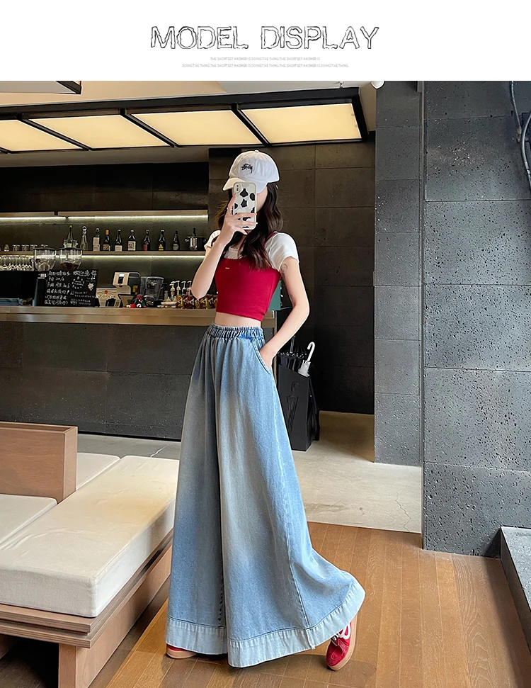 Summer Vintage Womens Loose Denim Wide Leg Pants Ladies Casual Elastic Waist Jeans Oversized Trousers Summer Vintage Womens Loose Denim Wide Leg Pants Ladies Casual Elastic Waist Jeans Oversized Trousers