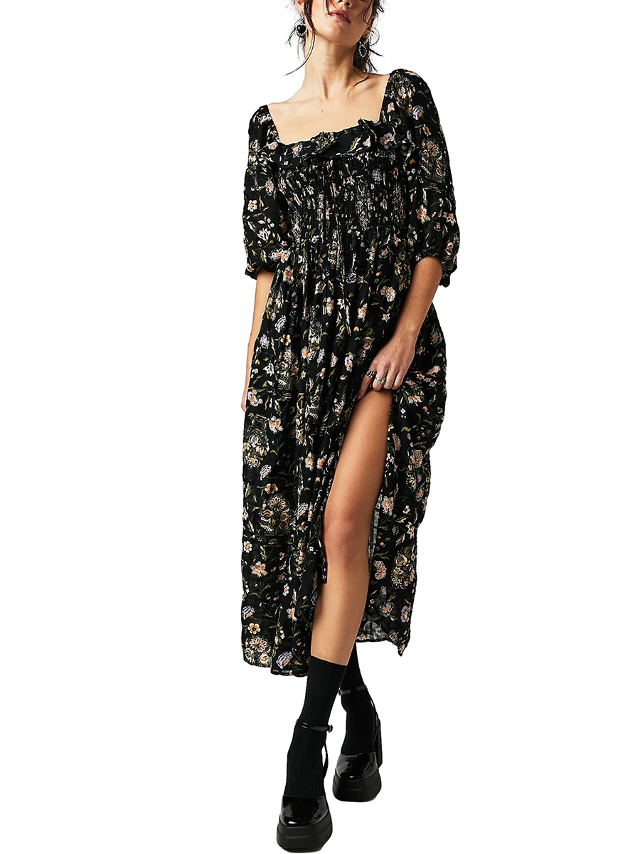 

Women Floral A-Line Dress Ruffles Square Neck 3 4 Sleeve Party Long Dress for Beach Cocktail Club Streetwear