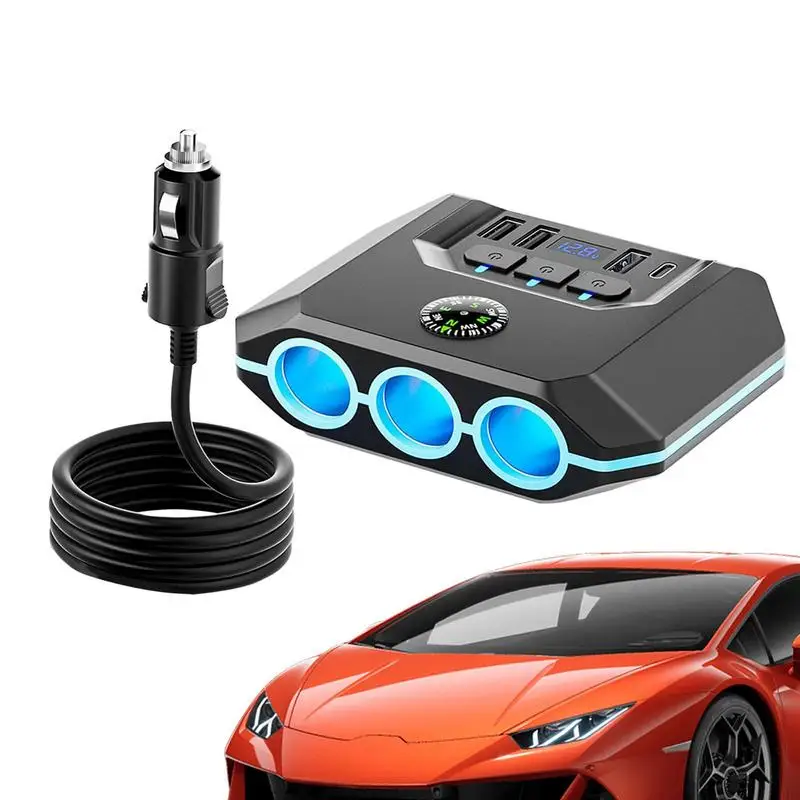 

Car Adapter For Plug Outlet 120w 12/24v 3-Socket Car Outlet Splitter With 4 Chargers LED Voltage Display Car Accessories On/Off