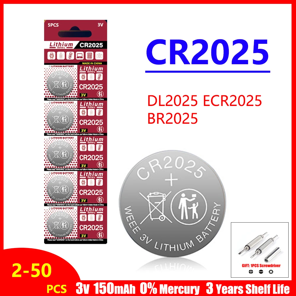 

2PCS-50PCS 3V CR2025 Lithium Button Battery DL2025 BR2025 5003LC LM2025 CR 2025 Coin Cell Watch Batteries for Toys Clock Compute