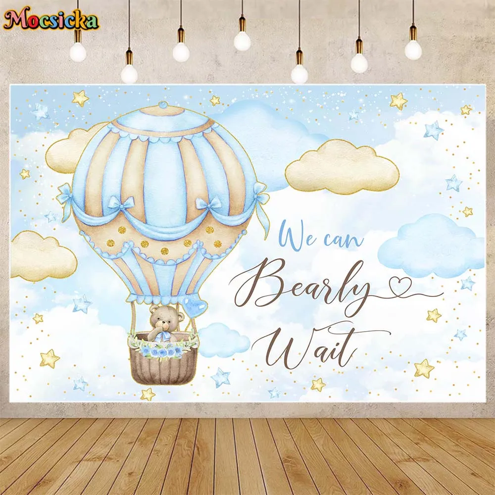 

Mocsicka Baby Shower Backdrop Boy Welcome Party Decor Blue Hot Air Balloon Bear We Can Bearly Wait Photo Background Banner Props