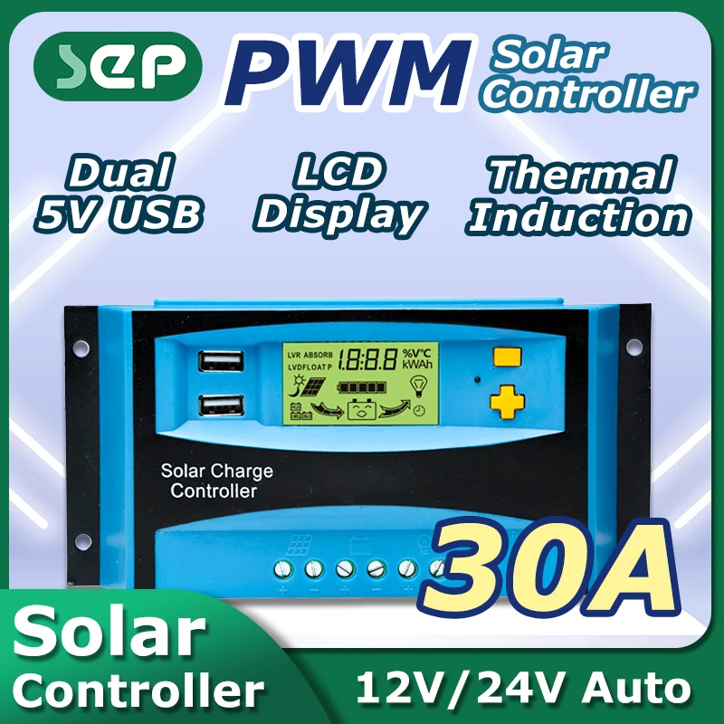 Solar PWM 30A Charge Controller Dual USB LCD Display 12V 24V Solar Cell Panel Charger Regulator with Load Car
Solar PWM 30A Charge Controller Dual USB LCD Display 12V 24V Solar Cell Panel Charger Regulator with Load Car