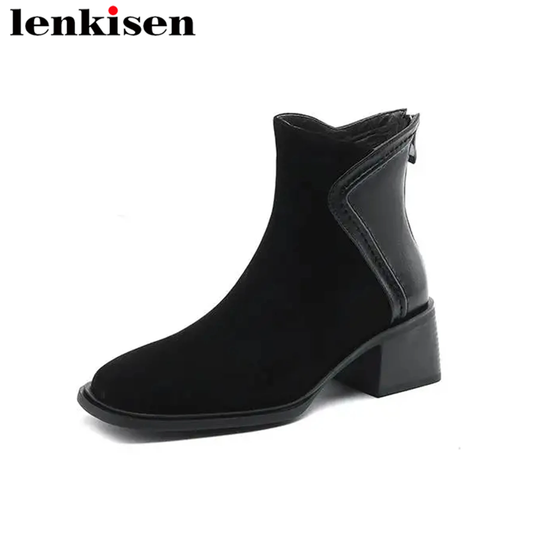 

Lenkisen Genuine Leather Square Toe Elegant High Heels Winter Modern Boots Zipper Concise Luxury Runway Classics Ins Ankle Boots