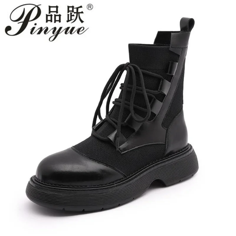 

4cm Women British Style Winter New Leather Women Chelsea Boots Lace Up Thick-soled Fur Women Ankle Boots 34 40