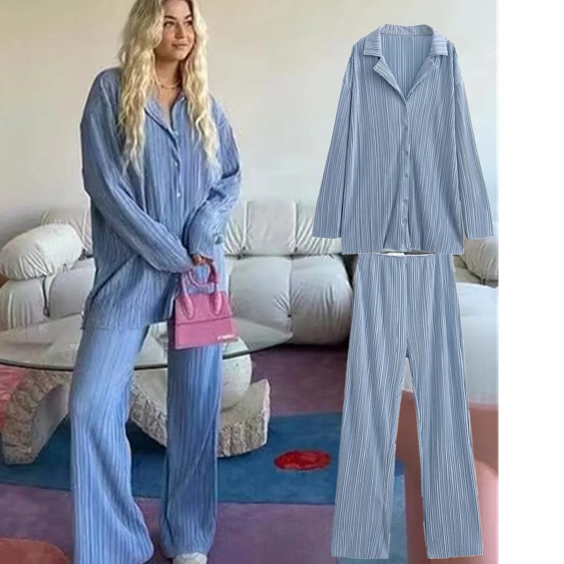 Jenny&Dave Ins Blogger Vintage Texture Fashion Blue Color Casual Blouse And Straight Loose Pants Women Sets
Jenny&Dave Ins Blogger Vintage Texture Fashion Blue Color Casual Blouse And Straight Loose Pants Women Sets