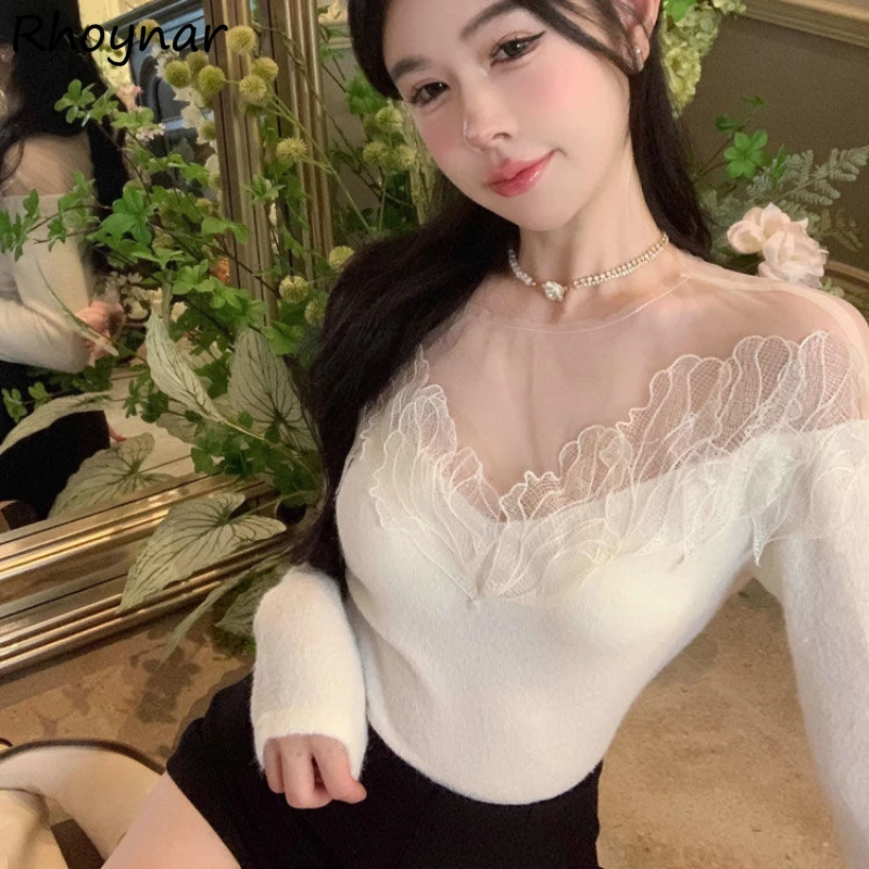 

Slash Neck T-shirt Women Mesh Lace Slim Long Sleeve Solid Knitting Hotsweet Girls Korean-style Temperament Gentle Autumn New