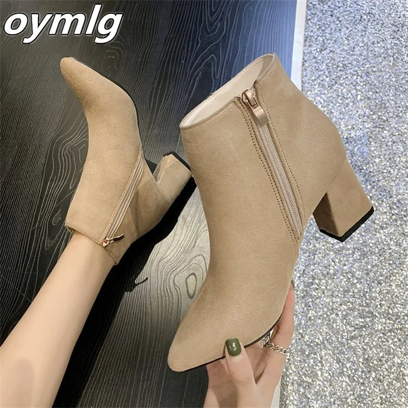 

2022 autumn and winter new pointed toe women's short boots thick heel mid-heel boots suede nude boots women's boots spot