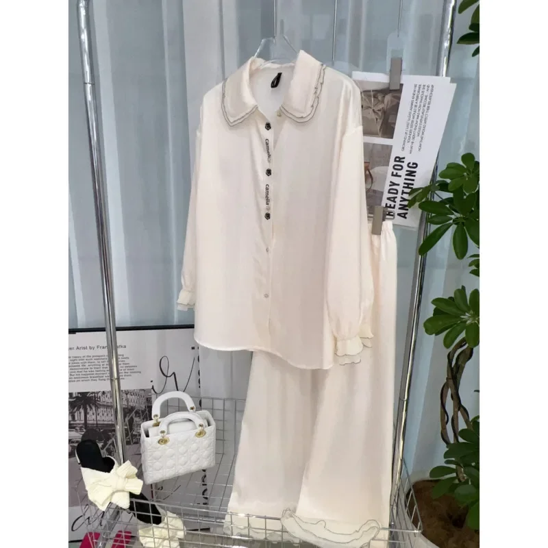 

2024 New Women's Spring Lace Advanced Camellia Ice Silk Pajamas Women's Solid Color Princess Home Dress Set Explosion