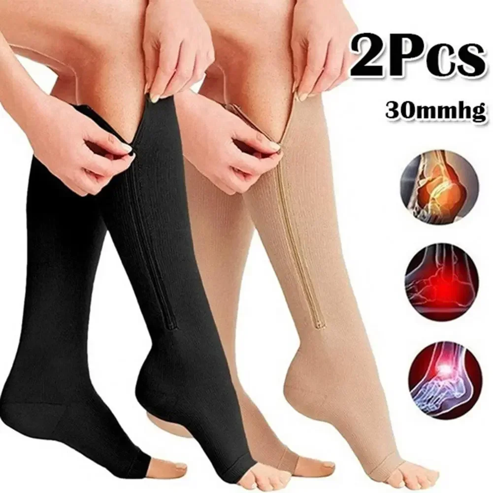 

Health Knee Compression Color Care Elasticity Stretchy Toe Socks Stockings Zip-up With 1 Zip Pair Solid Open High Support