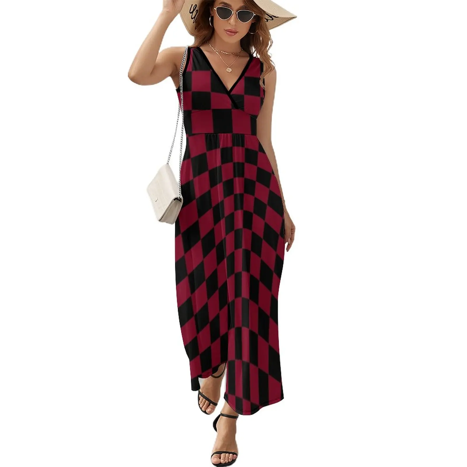 

Black and Burgundy Red Checkerboard Sleeveless Dress Women's summer dress women's evening dresses