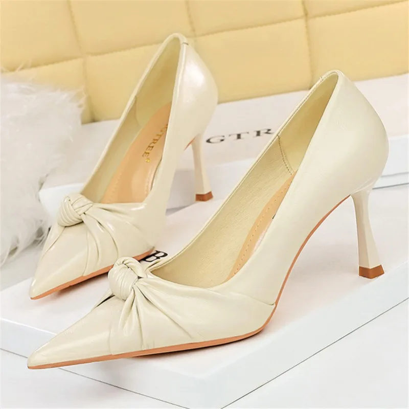 

New Fashion Women8cm High Heels Pumps Lady Burgundy Middle Low Heels Fetish Nightclub Office Party Butterfly Knot Quality Shoes
