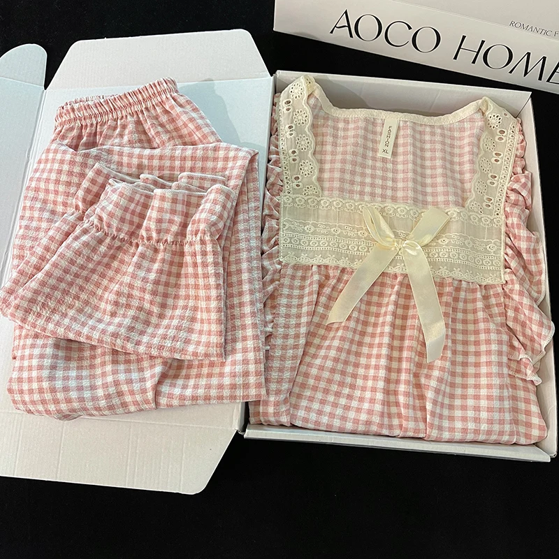 

Японские пижамы в стиле Instagram, Женская весенне-осенняя хлопковая одежда с длинным рукавом, в клетку, с рисунком крупной осени, мягкая домашняя одежда для мм200 кг