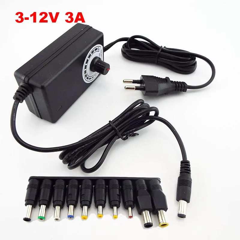 

AC 100V-240V to DC 3-12V 3A 36W Universal Adjustable CCTV Power Supply Adapter Charger 5.5x2.1mm Jack Plug DC Female Connector