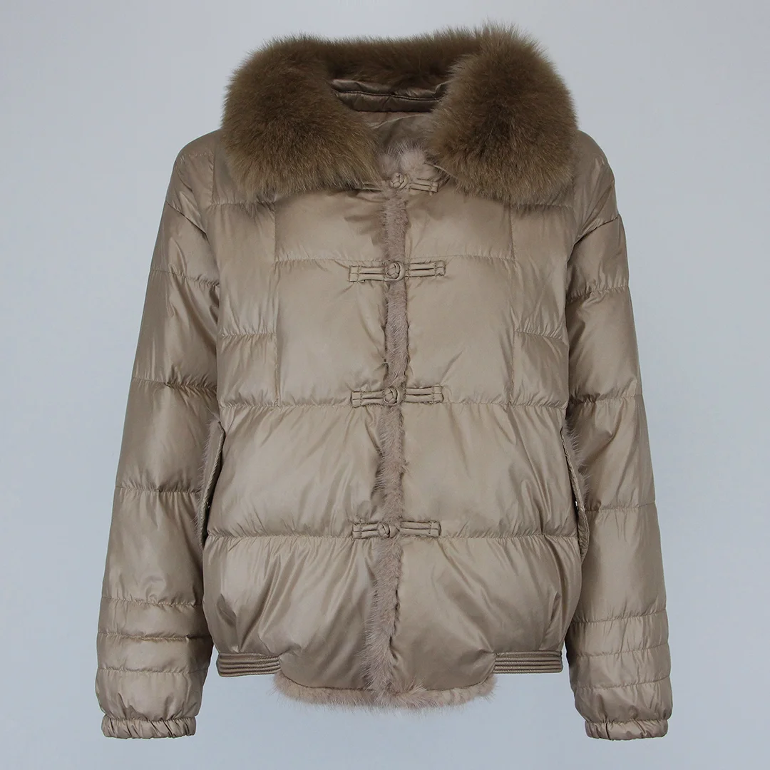 

2024 Fox Mink Fur Collar Winter Women White Duck Down Jacket Ladies Vintage Short Warm Puffer Coat Female Parka Outerwear