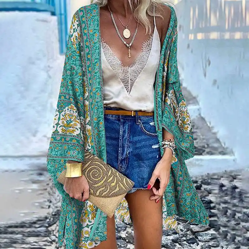 

Bohemian Kimonos Swimsuit Women Beach Cover Up Cardigan Floral Print Women's Kimono Swimwear Beachwear Bikini Cover Up Woman