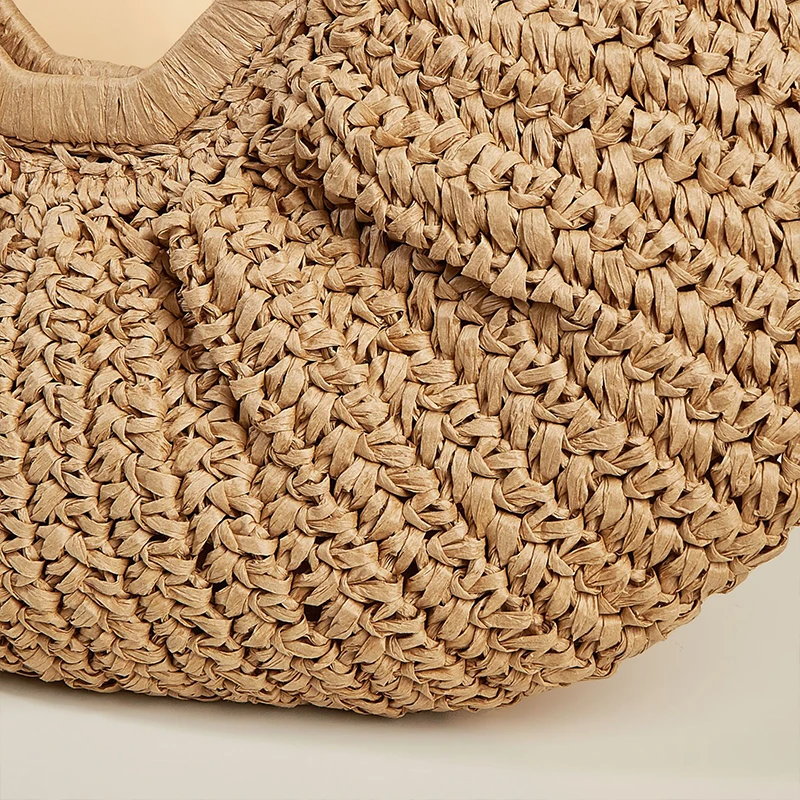 Half-Moon Woven Straw Handbag - Wooden Handle Beach Shopping Basket 20 S201ff6313744498e86154cc02ec9dfedW