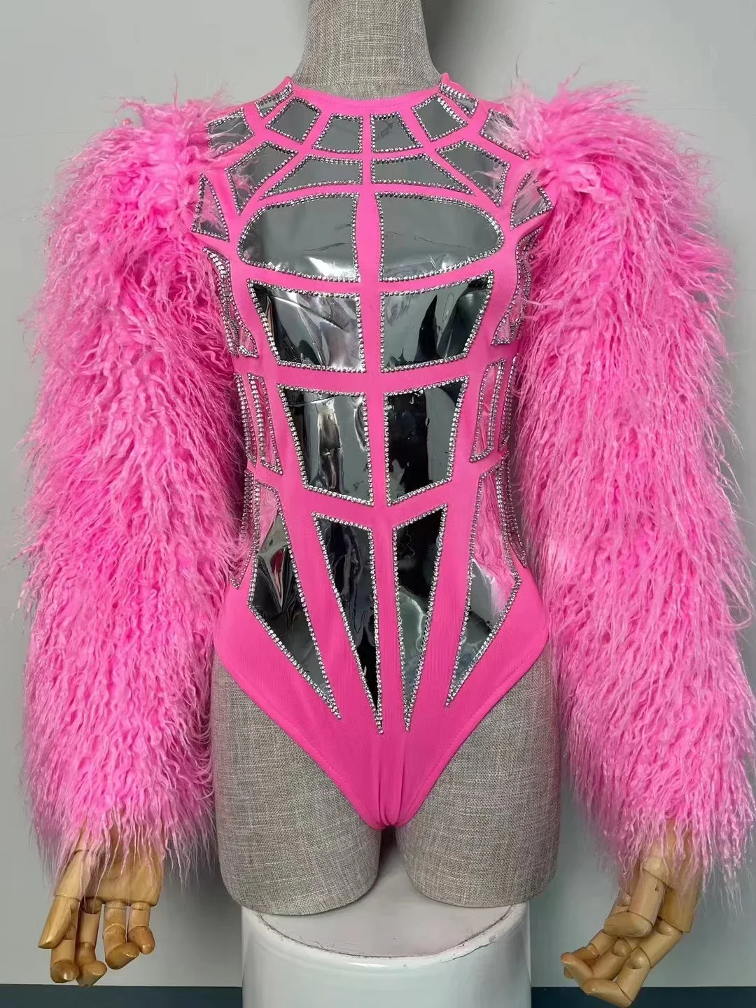 

Fur Sleeve Laser Bodysuit Bar Nightclub Female Singer Dancer Stage Performance Clothing Drag Queen Party Rave Costume