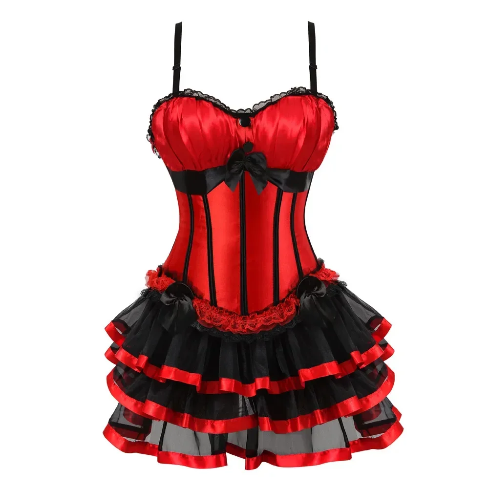 

Red Satin Overbust Corset Dress with Layered Tulle Skirt Gothic Burlesque Bustier Costume For Women