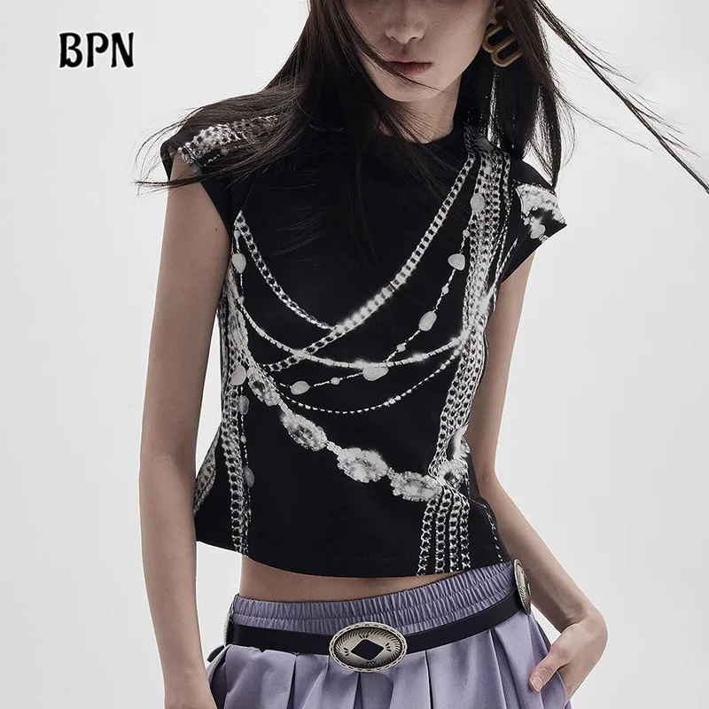 BPN Street Printing T Shirts For Women Round Neck Short Sleeve Hit Color Slimming Casual T Shirt Female Fashion Clothing Style
BPN Street Printing T Shirts For Women Round Neck Short Sleeve Hit Color Slimming Casual T Shirt Female Fashion Clothing Style