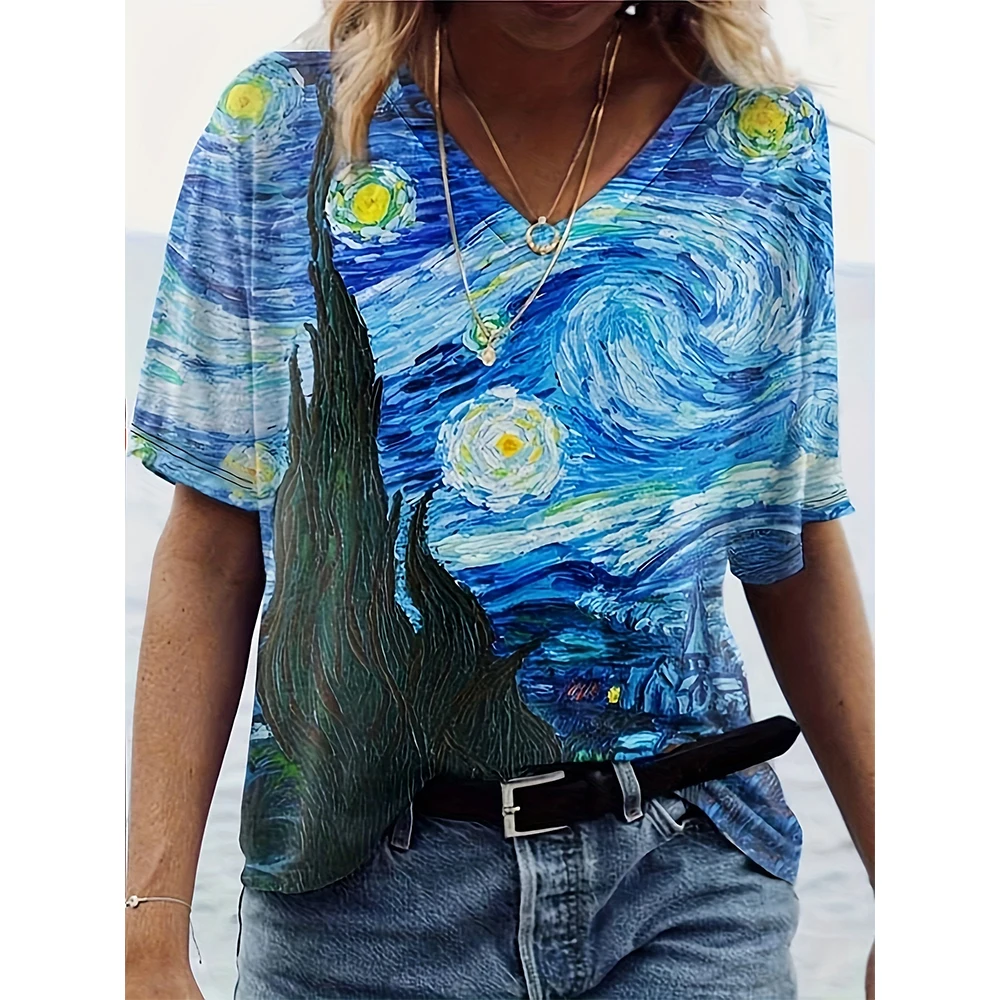 Casual Style Women's T-Shirts Oil Painting Printing Top Short Pullover Sleeved V-Neck Oversize Tee Shirt Female Clothing Summer
Casual Style Women's T-Shirts Oil Painting Printing Top Short Pullover Sleeved V-Neck Oversize Tee Shirt Female Clothing Summer