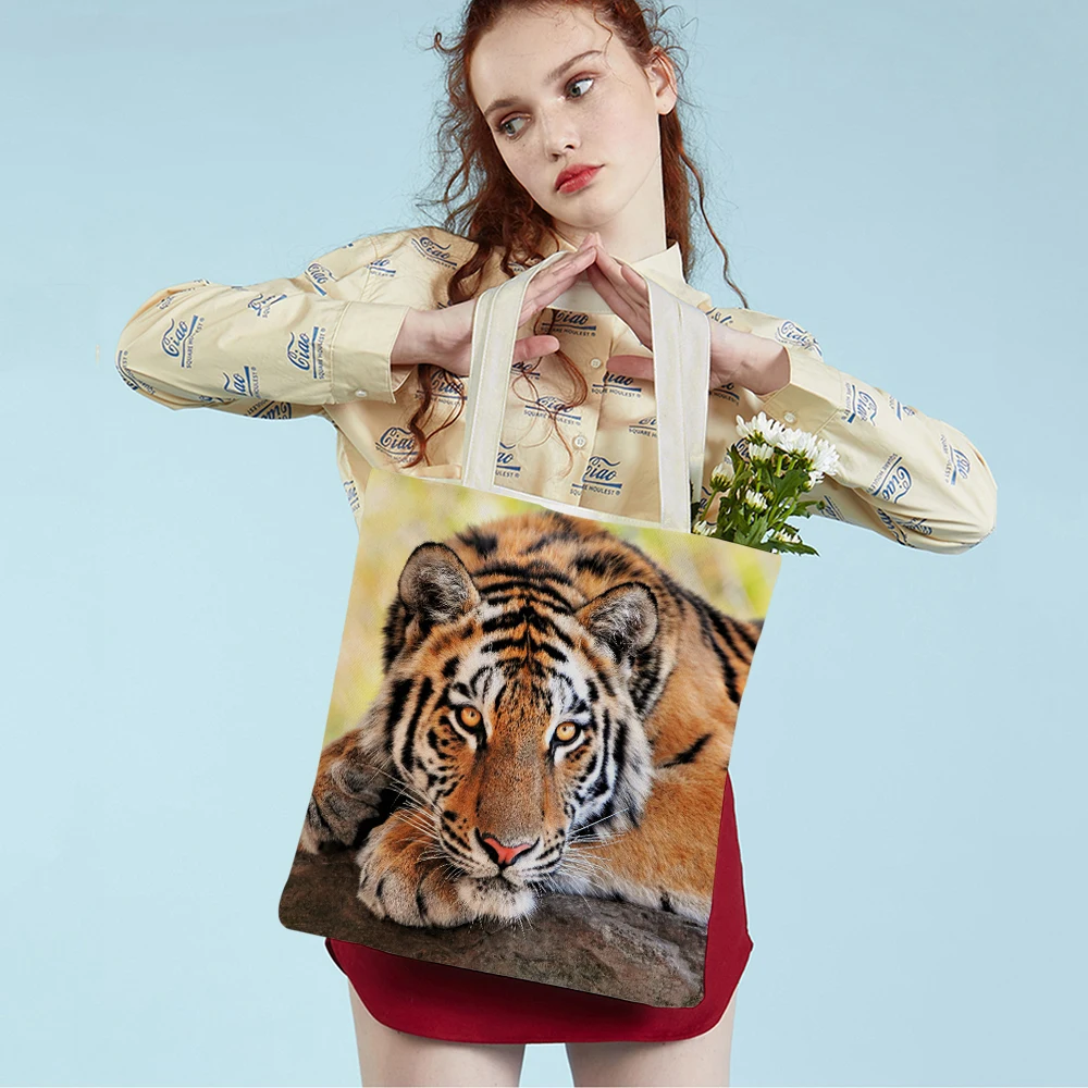 

Повседневная женская сумка-тоут Brave Tiger, модная холщовая дамская сумочка с рисунком диких животных, складная многоразовая тканевая сумка для покупок