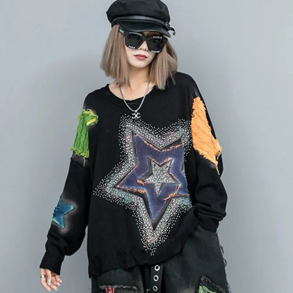 

Personalized Cool Contrast Pullover Sweater Women 2024 Spring Autumn Loose Large Size O-neck Black Sweater LX1181