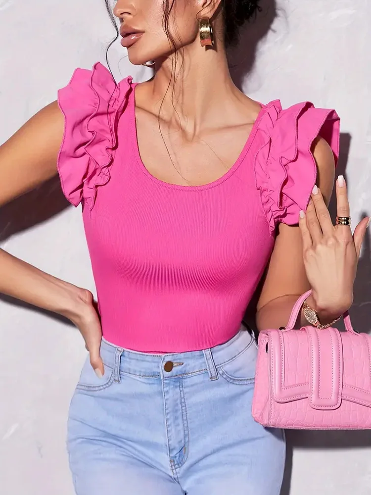 Mugen Scoop Neck T-Shirt Ruffle Trim Elegant Solid Color Top Sleeveless 2024 Summer T-Shirt Women's Clothing Slim Purple Shirt 
Mugen Scoop Neck T-Shirt Ruffle Trim Elegant Solid Color Top Sleeveless 2024 Summer T-Shirt Women's Clothing Slim Purple Shirt