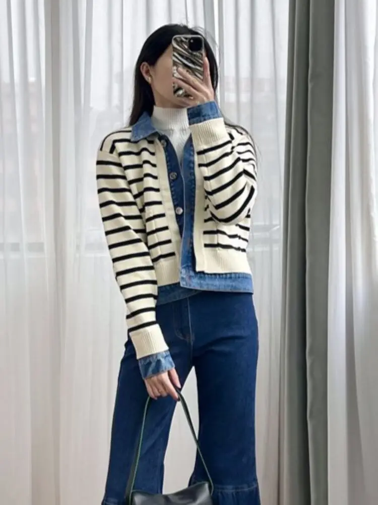 

Women Denim Spliced Jacket Stripes Turn-down Collar Single Breasted Long Sleeve Loose Spring 2024 Knitted Coat