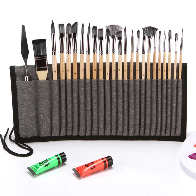 

24Pcs Nylon Hair Wooden Handle Watercolor Paint Brush Pen With Bag Scrubbing Scraper Acrylic Painting Art Paint Brushes Supplies