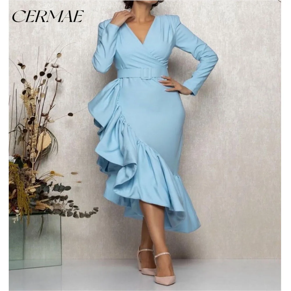 

CERMAE Blue V-Neck Irregular Flounce Belt Long Sleeved Elegant Formal Evening Prom Bridesmaid Party long Dress for Women 2023