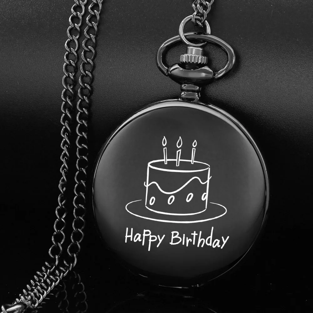 

HAPPY BIRTHDAY design carving english alphabet face pocket watch a chain Black quartz watch perfect birthday gift