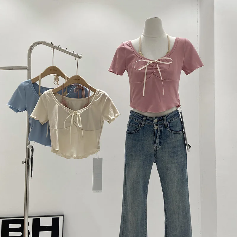 

Американская Мода, футболки со шнуровкой и U-образным вырезом, Новинка лета 2024, приталенные топы с рисунком грибка, женская футболка Y2k с короткими рукавами, розовая футболка