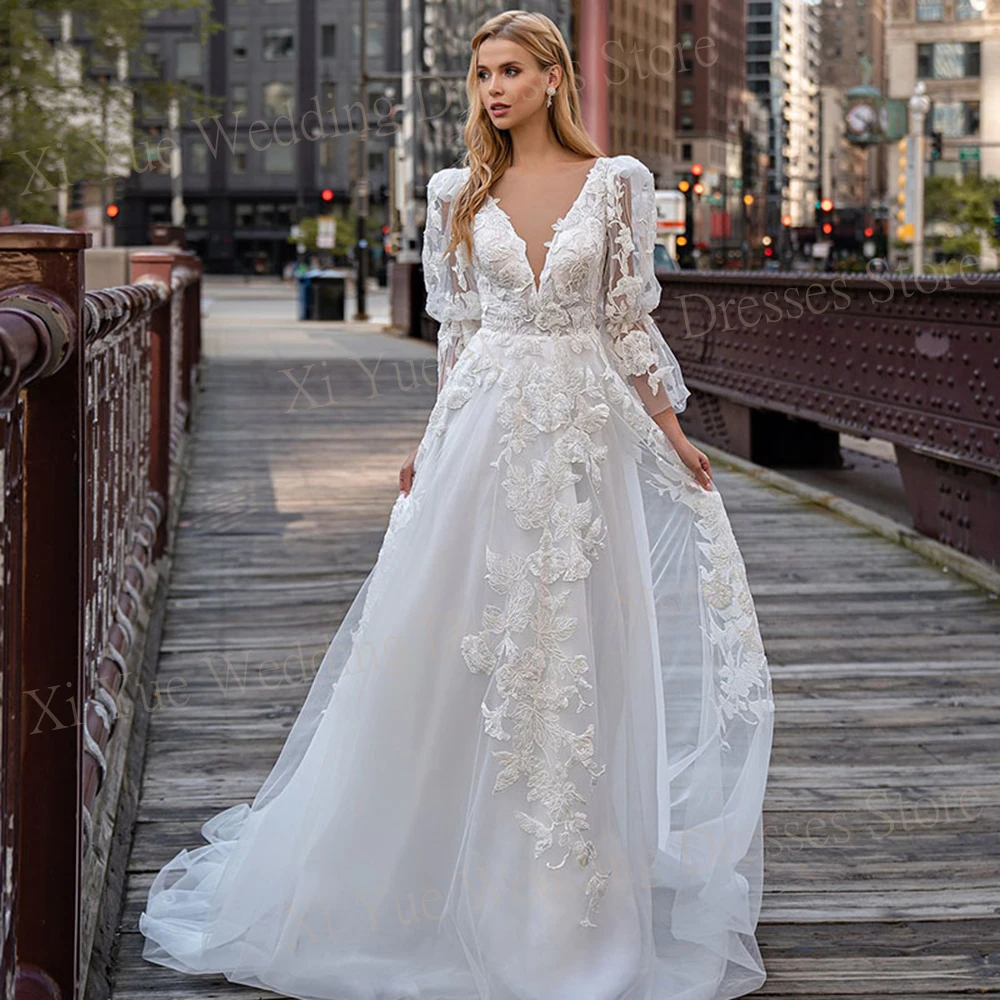 

Generous Gorgeous A Line Women's Wedding Dresses New Appliques Lace Bride Gowns Long Sleeve V Neck Princess Vestido De Novias