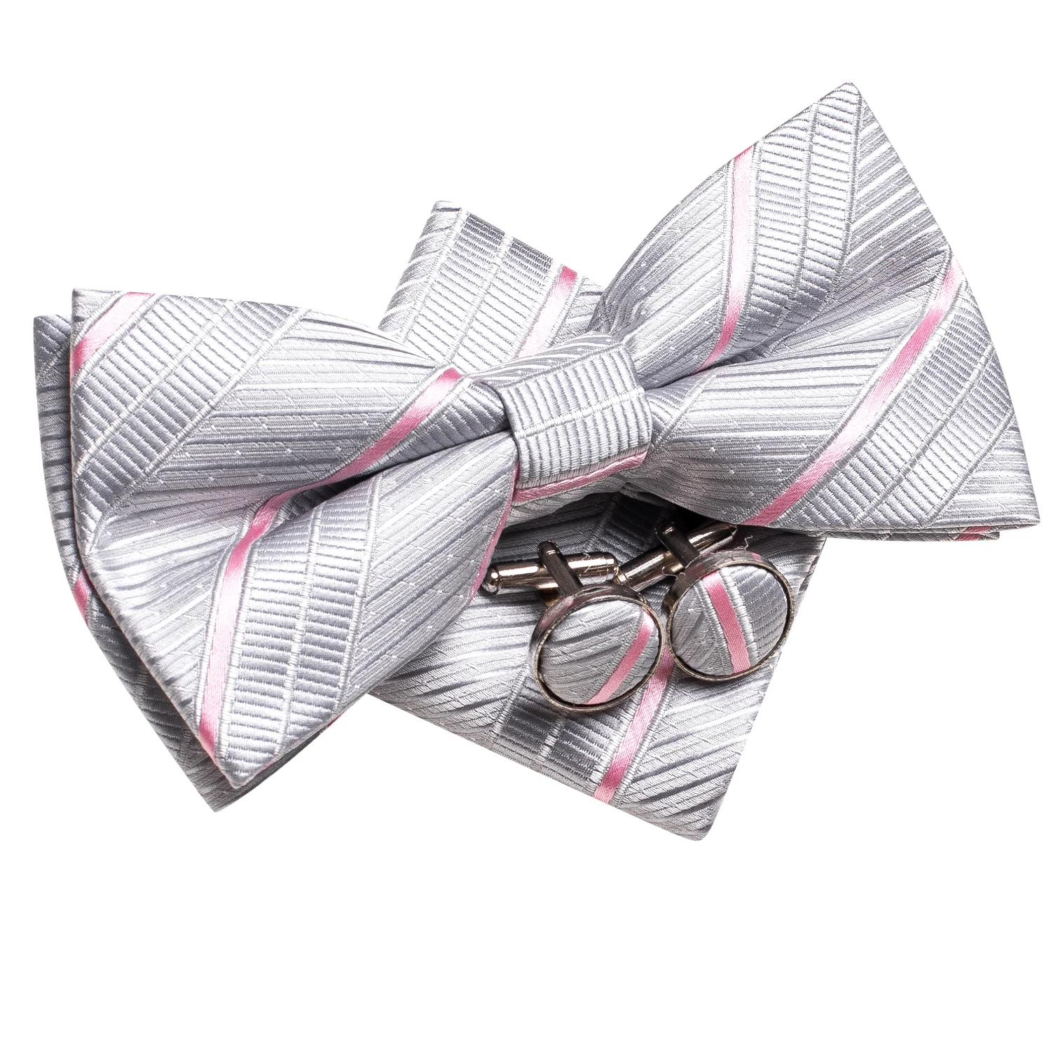 

Hi-tie Silver Silk Mens Bow Tie Hanky Cuff links Set Pre-tied Butterfly Knot Jacquard Striped Bowtie for Male Wedding Business