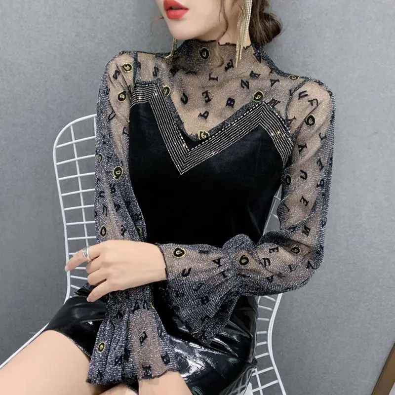 Goth Letter Mesh Bottom Shirt Sexy T-shirt Long Sleeve Pullover Women Tops Y2k Clothes Streetwear Korean Chic Stretch Tops
Goth Letter Mesh Bottom Shirt Sexy T-shirt Long Sleeve Pullover Women Tops Y2k Clothes Streetwear Korean Chic Stretch Tops
