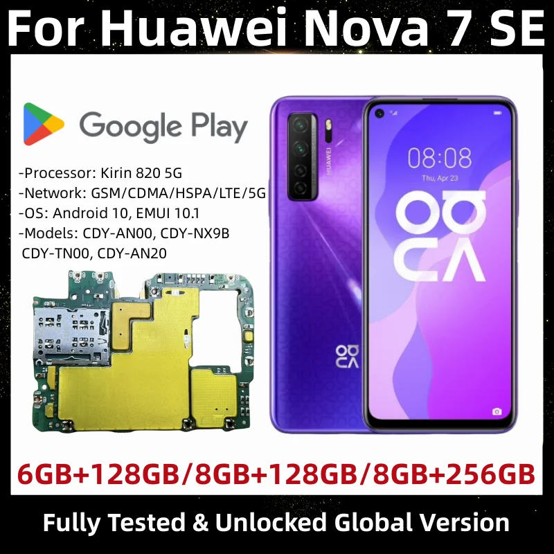 

Motherboard for HUAWEI, Nova 7SE, 5G Mainboard, 128GB, 256GB, Original with Google Playstore Installed