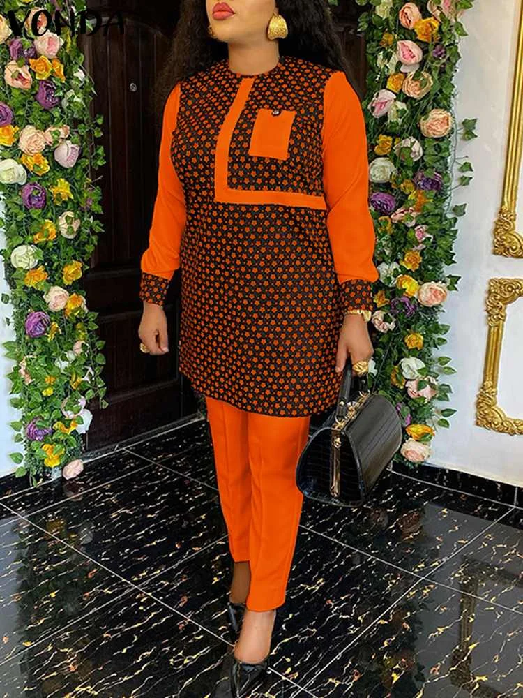 Женские винтажные брючные костюмы VONDA большого размера с принтом, осень 2023, повседневные топы с длинным рукавом и брюки, одинаковые комплекты из 2 предметов 
Женские винтажные брючные костюмы VONDA большого размера с принтом, осень 2023, повседневные топы с длинным рукавом и брюки, одинаковые комплекты из 2 предметов